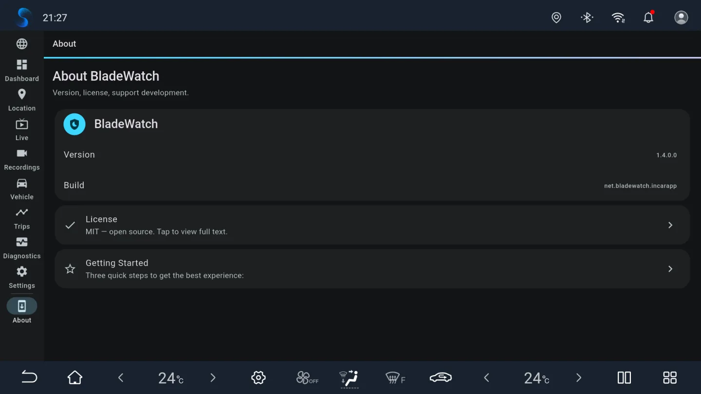 BladeWatch about screen showing version 1.4.0.0 on a BYD head unit