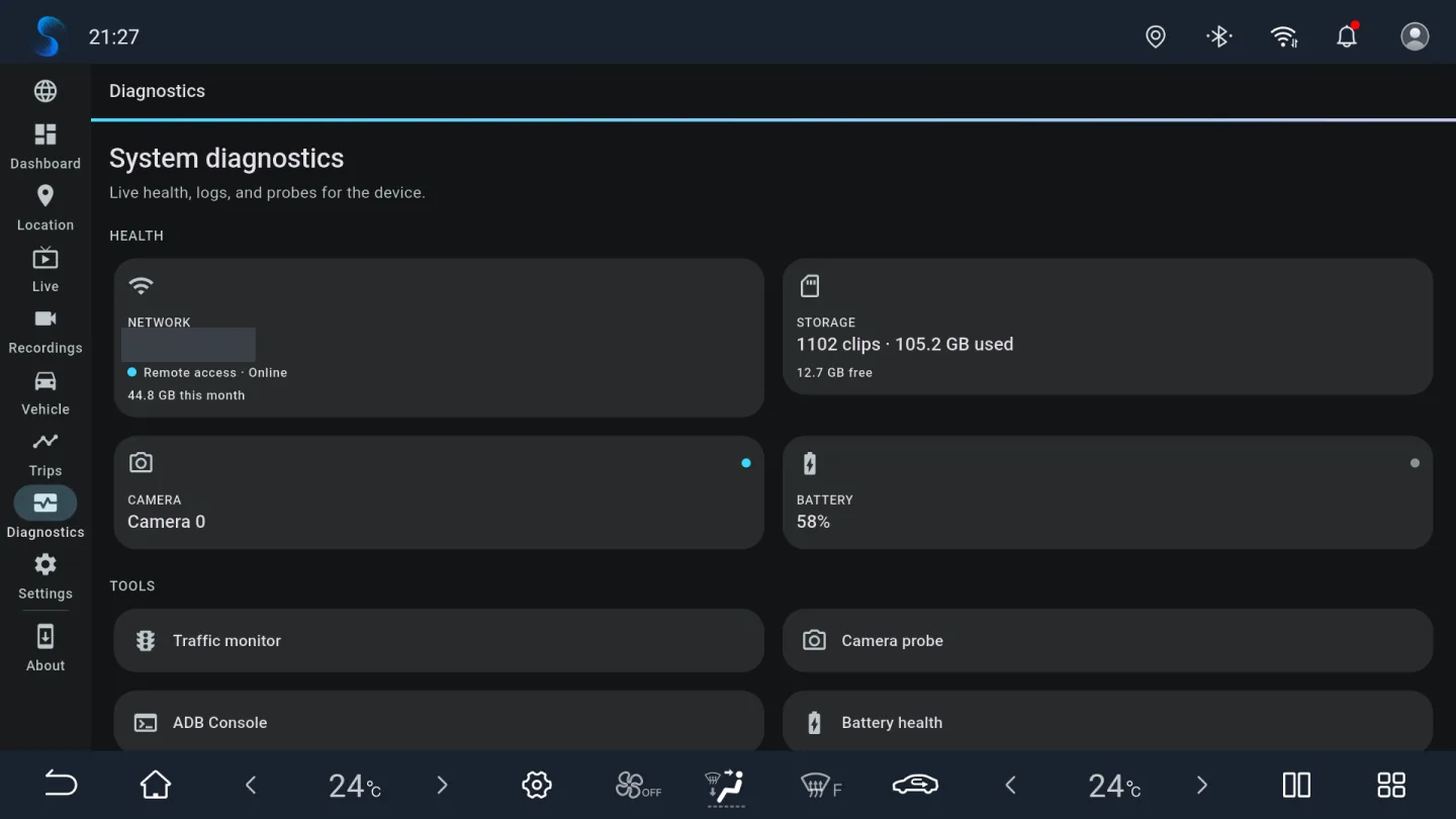 BladeWatch diagnostics for network, storage, camera and battery on a BYD head unit