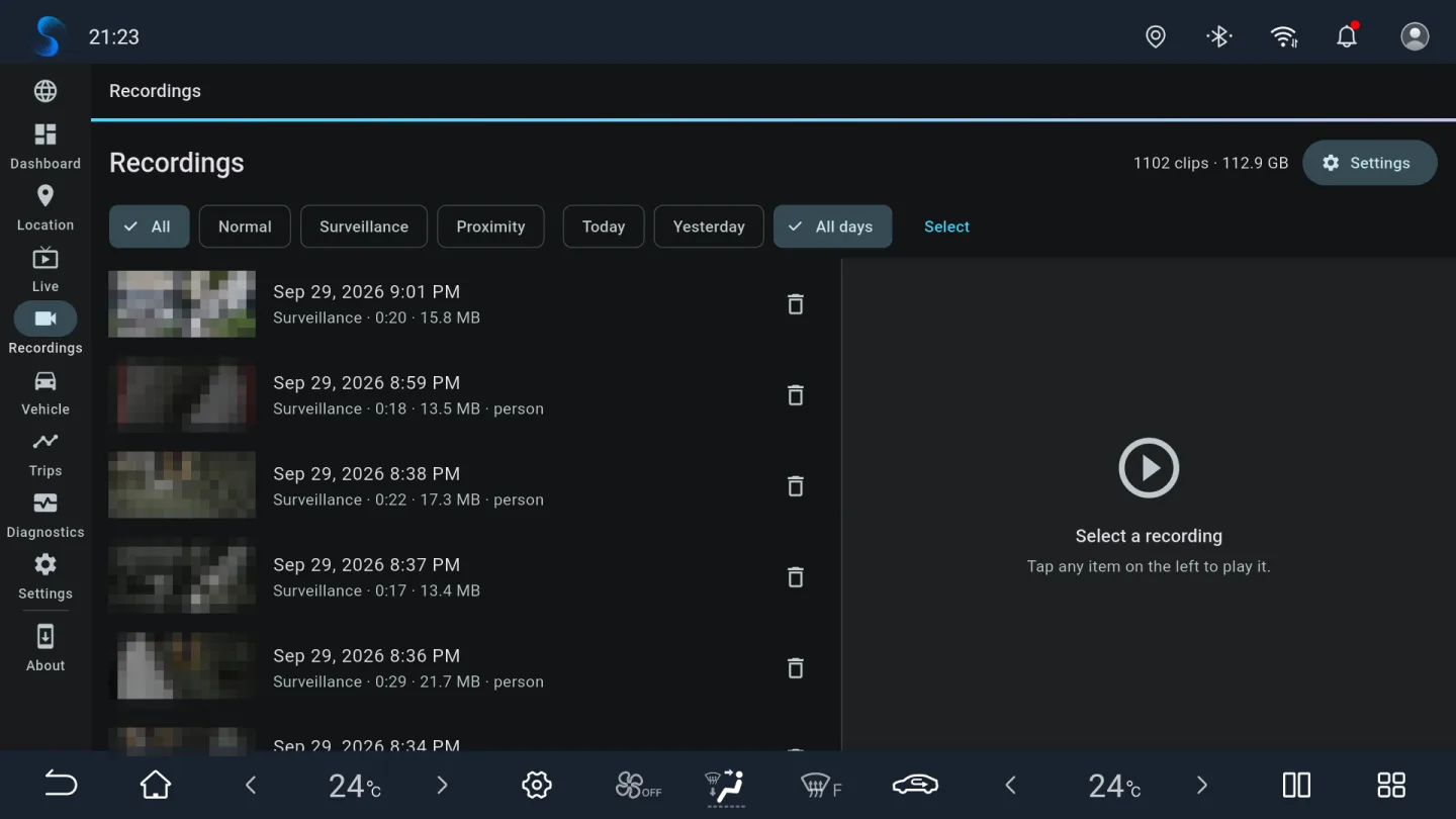 BladeWatch recordings library on a BYD DiLink v3 head unit