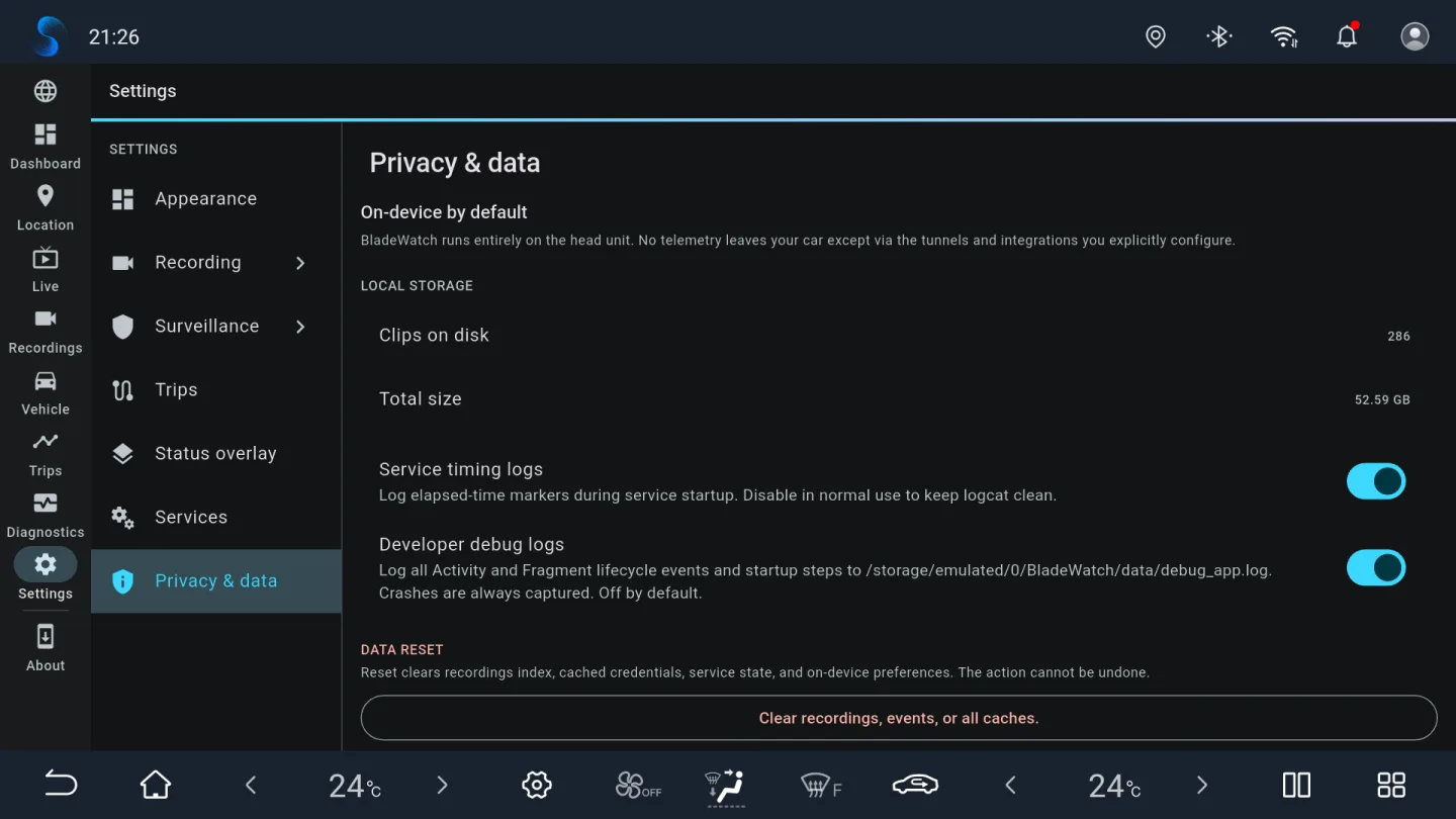 BladeWatch privacy and on-device data controls on a BYD head unit