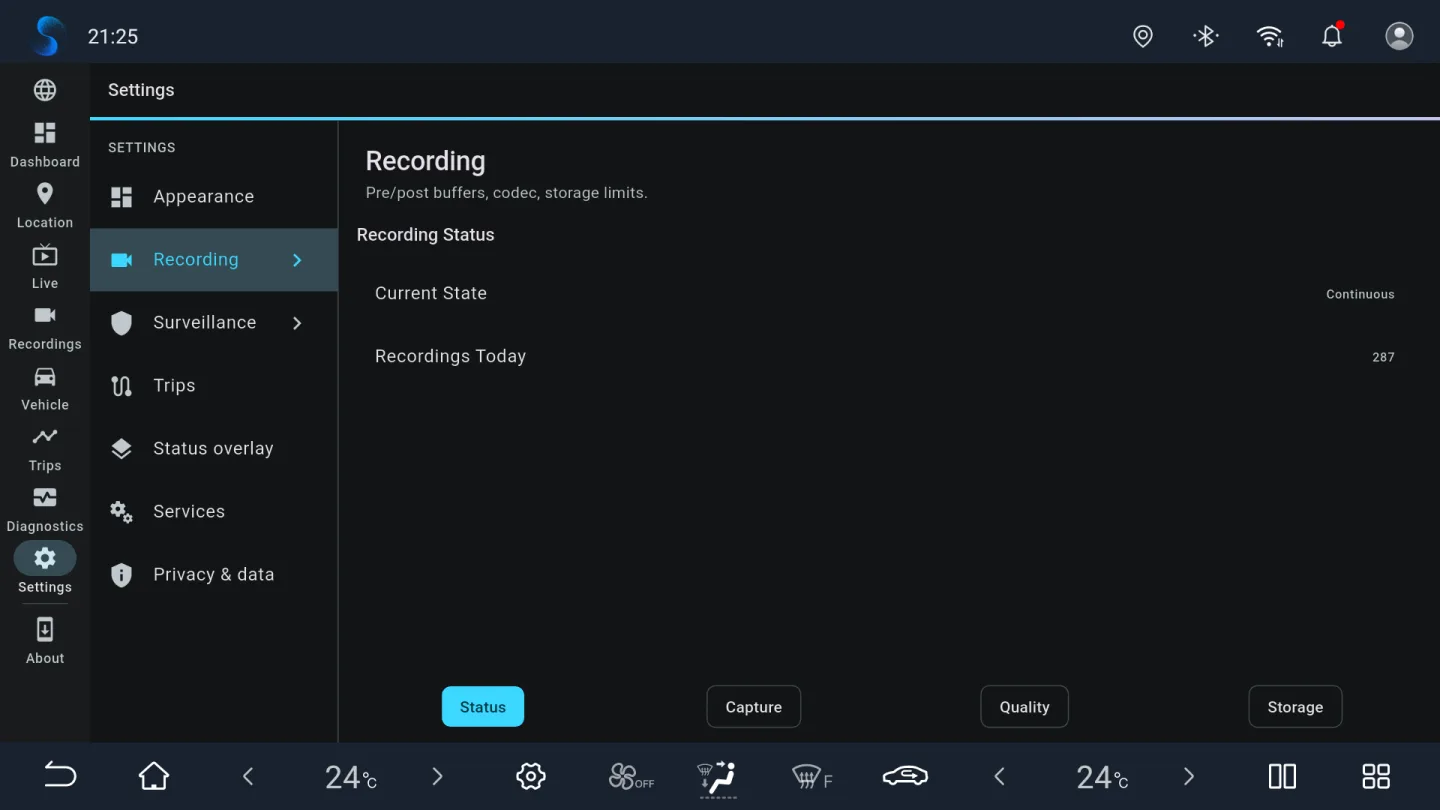 BladeWatch dashcam recording settings on a BYD head unit