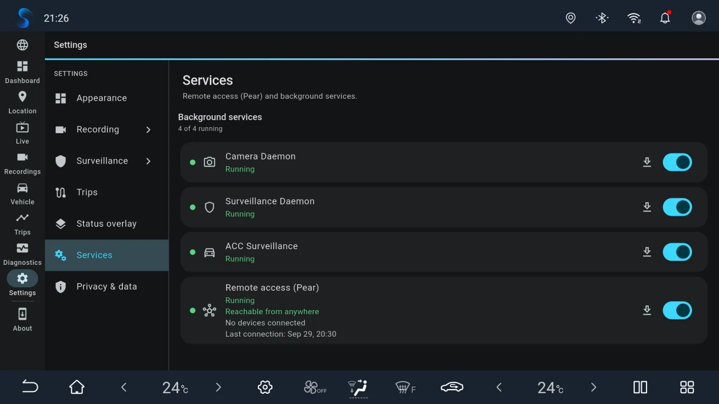 BladeWatch background services and Pear remote access on a BYD head unit