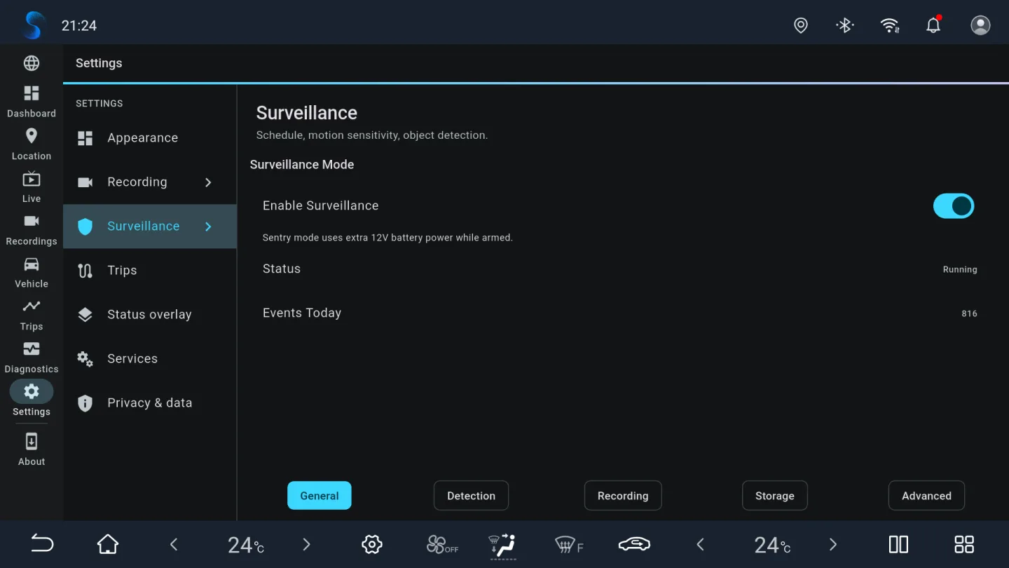 BladeWatch sentry mode surveillance settings on a BYD head unit