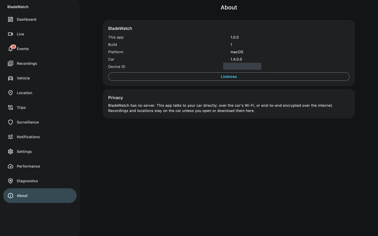 BladeWatch companion app about screen showing the paired car version