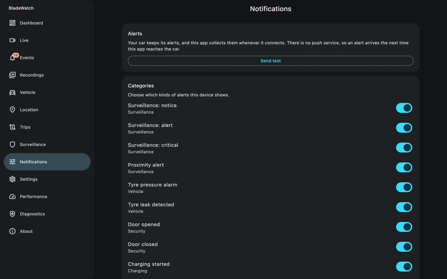 BladeWatch companion app alert settings for a BYD car
