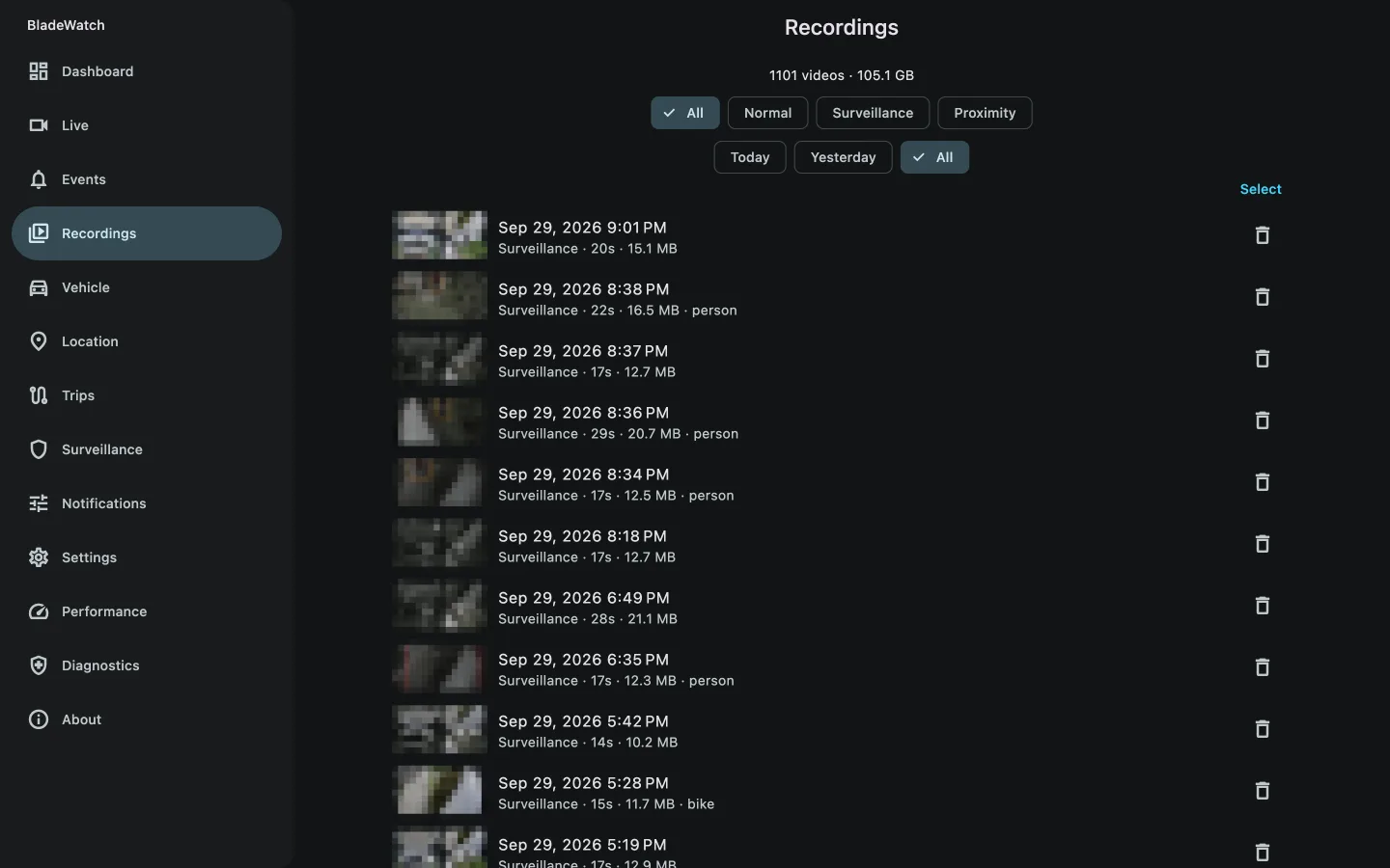 BladeWatch companion app recordings library for a BYD car
