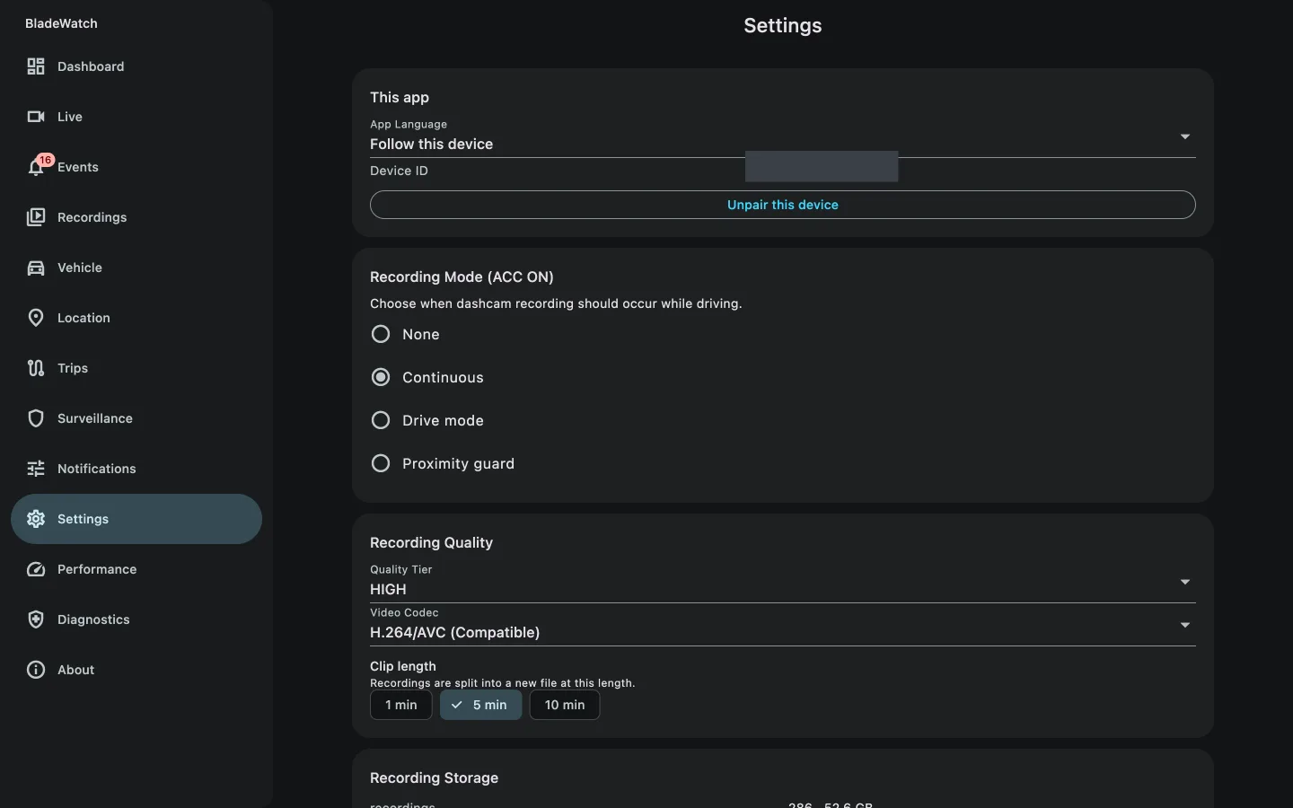 BladeWatch companion app settings including unpair for a BYD car