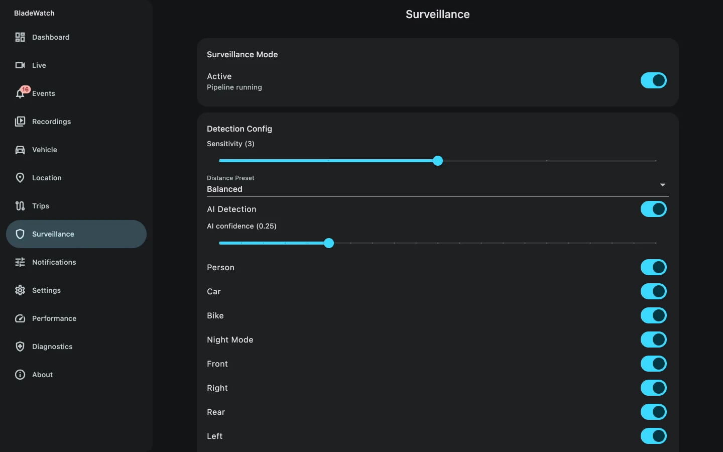 BladeWatch companion app sentry mode settings for a BYD car