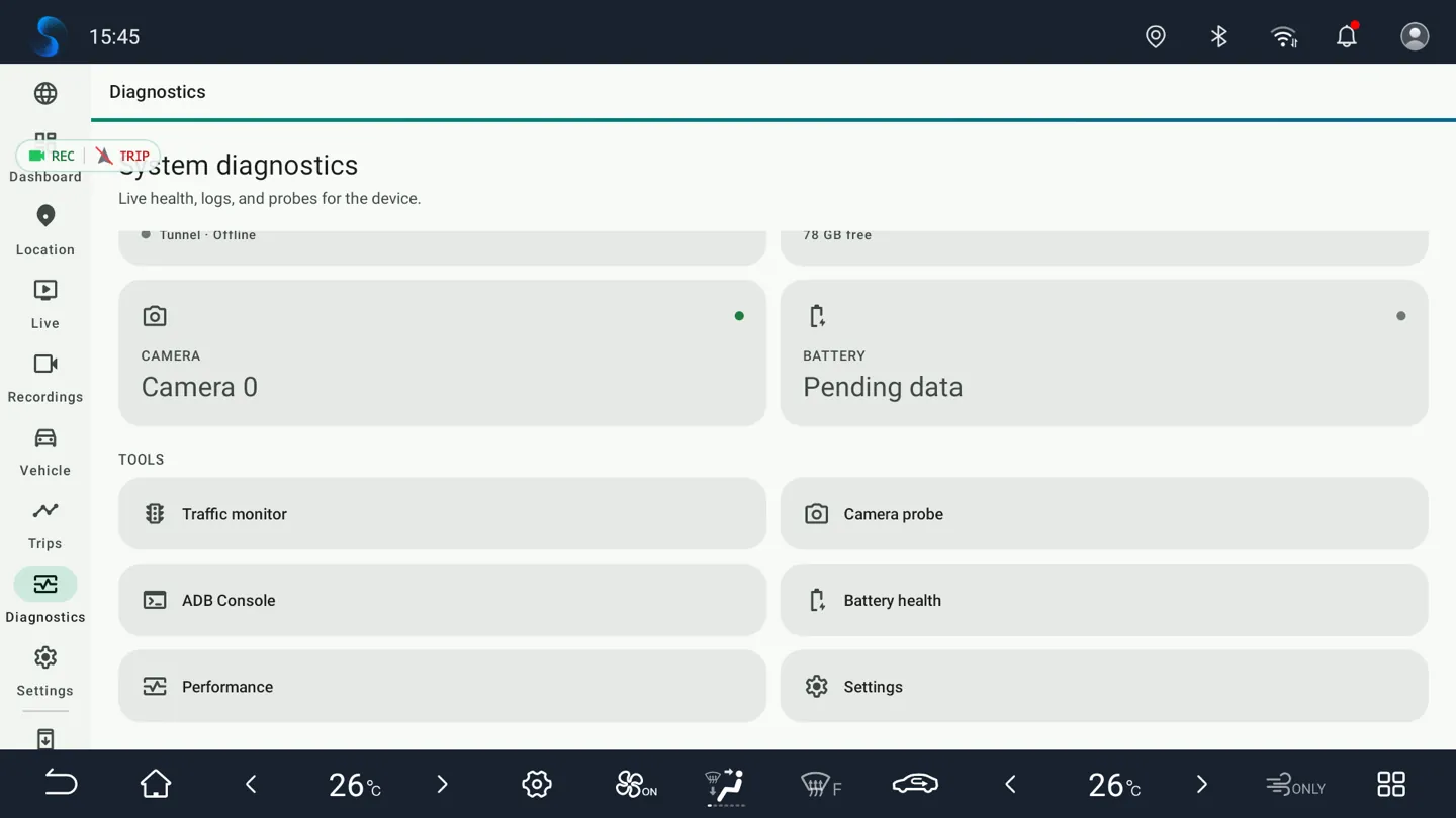 BladeWatch diagnostics for network, storage, and camera on a BYD head unit