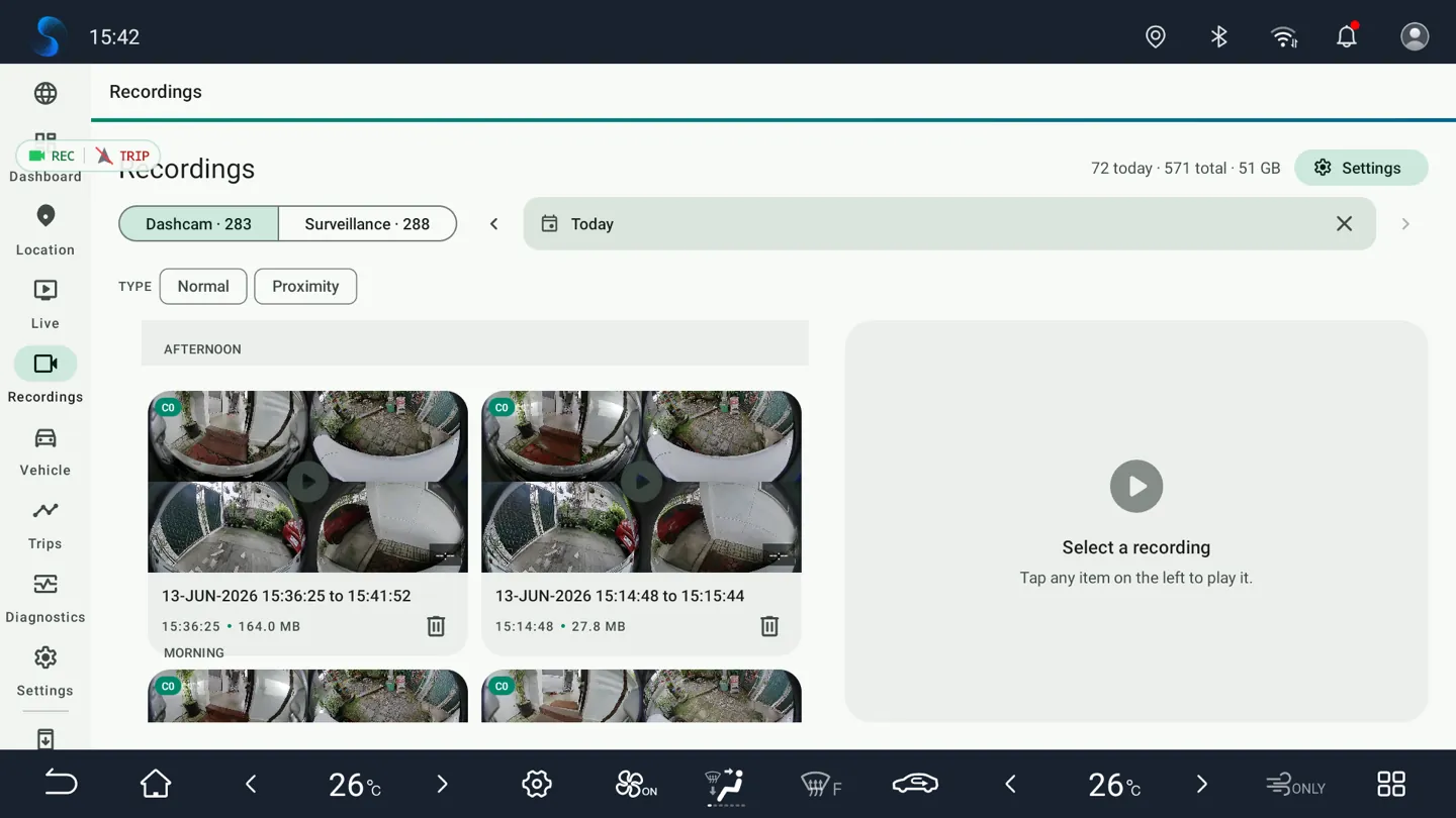 BladeWatch sentry mode surveillance recordings library on a BYD head unit