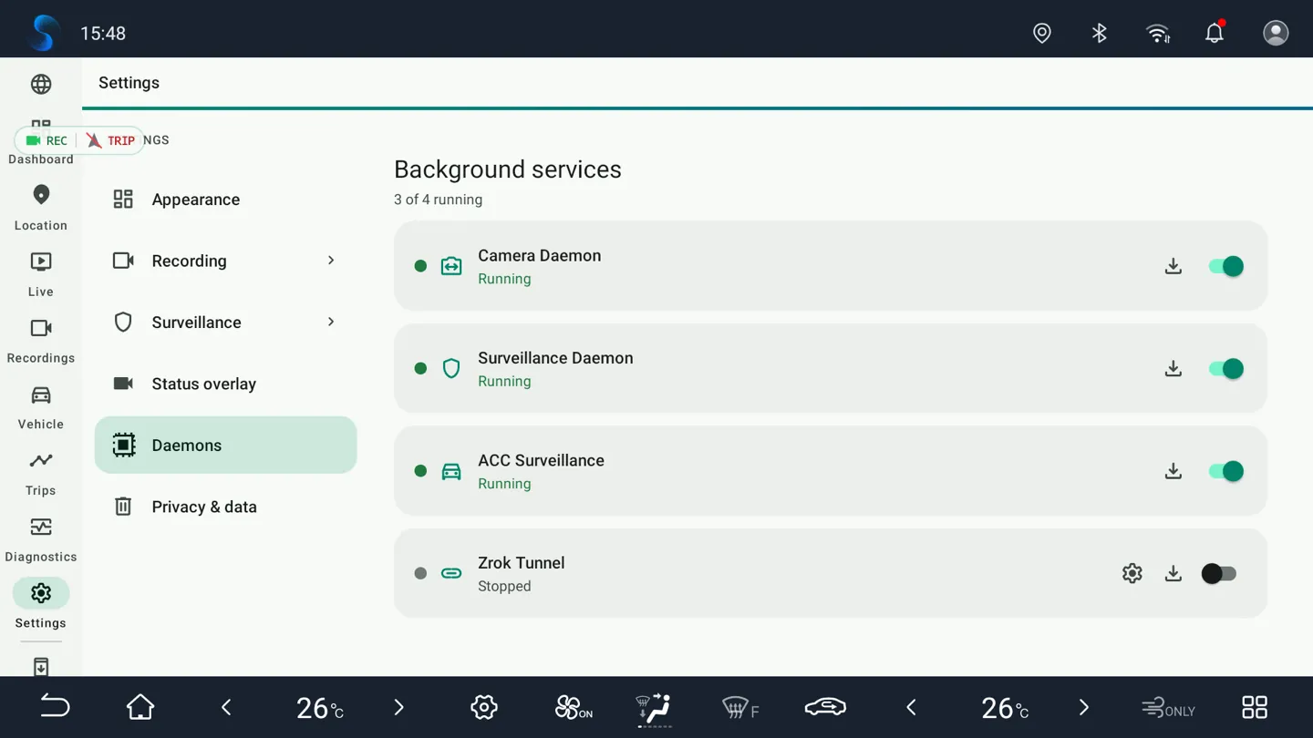 BladeWatch background daemon settings on a BYD head unit
