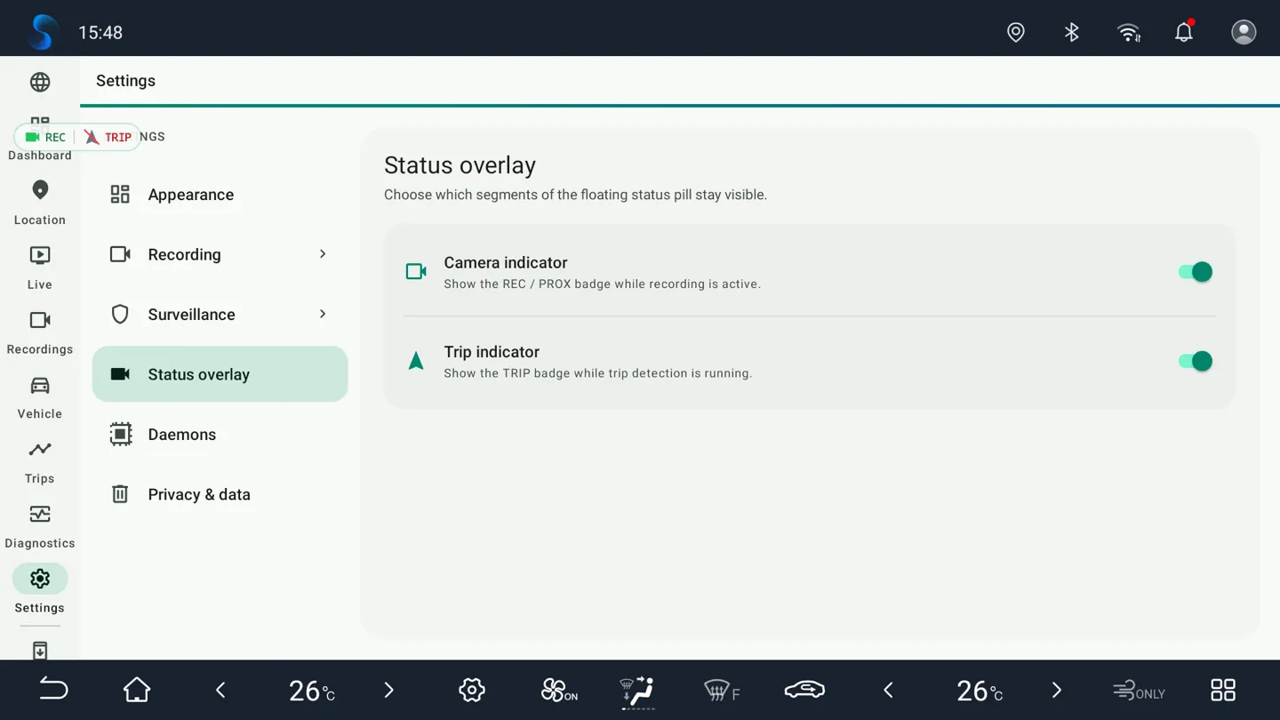BladeWatch status overlay settings on a BYD DiLink v3 head unit