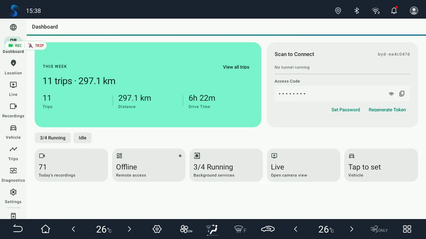 BladeWatch startup dashboard on a BYD DiLink v3 head unit