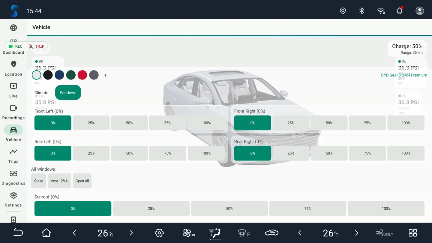 BladeWatch window and seat controls for a BYD car on the head unit