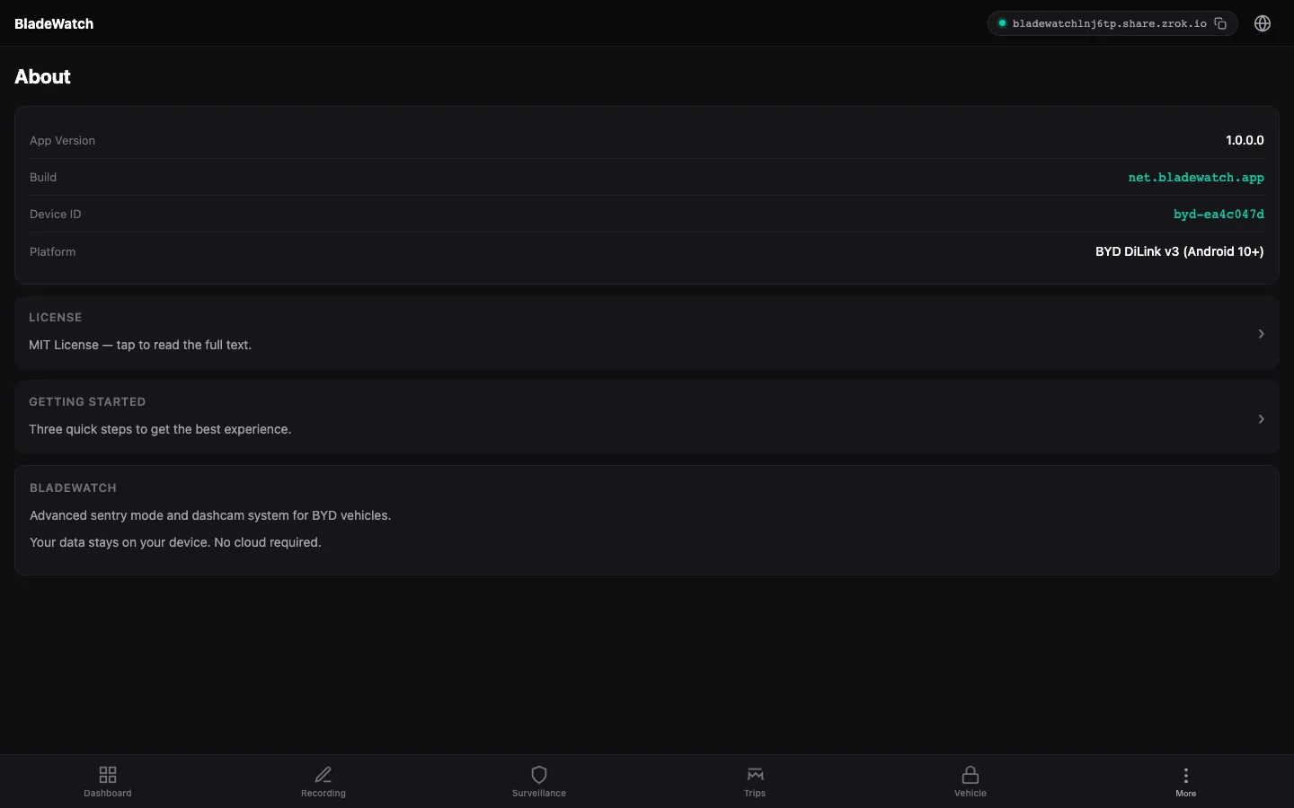 BladeWatch about page in the remote web app for a BYD car