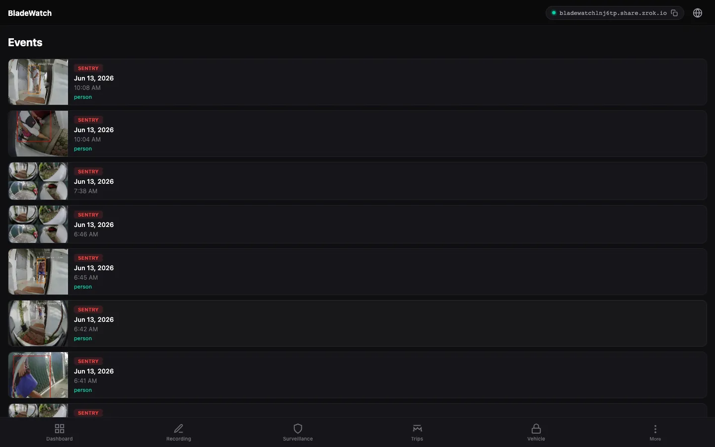 BladeWatch surveillance events feed in the remote web app for a BYD car