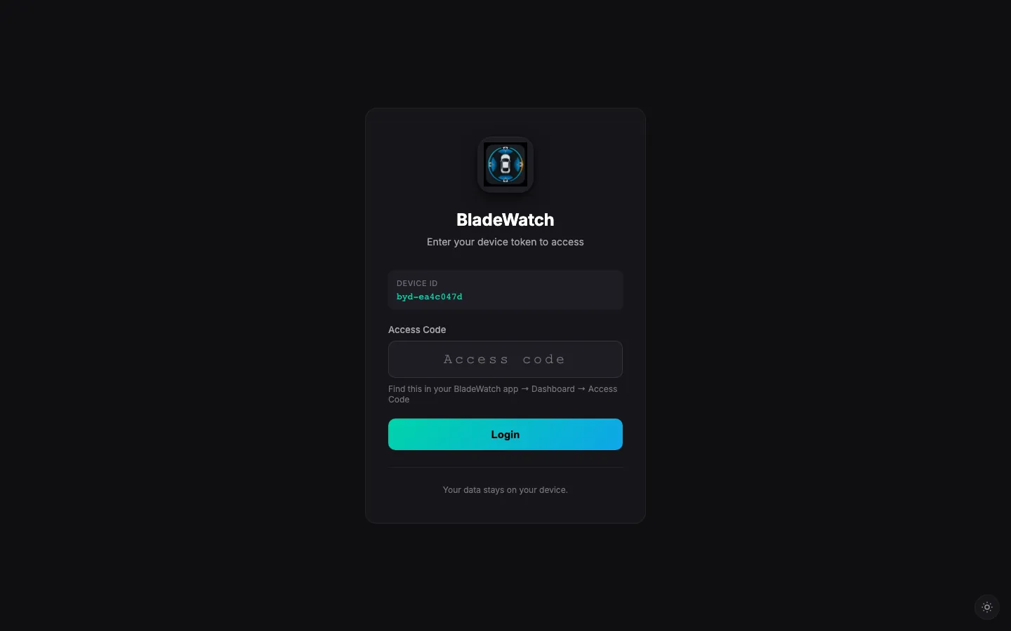 BladeWatch token-protected web app login for remote BYD access