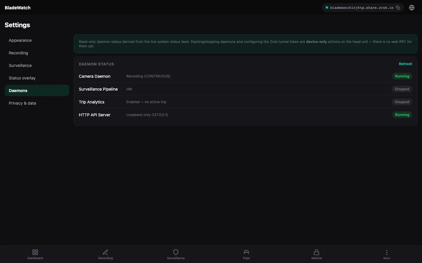 BladeWatch daemon settings in the remote web app for a BYD head unit