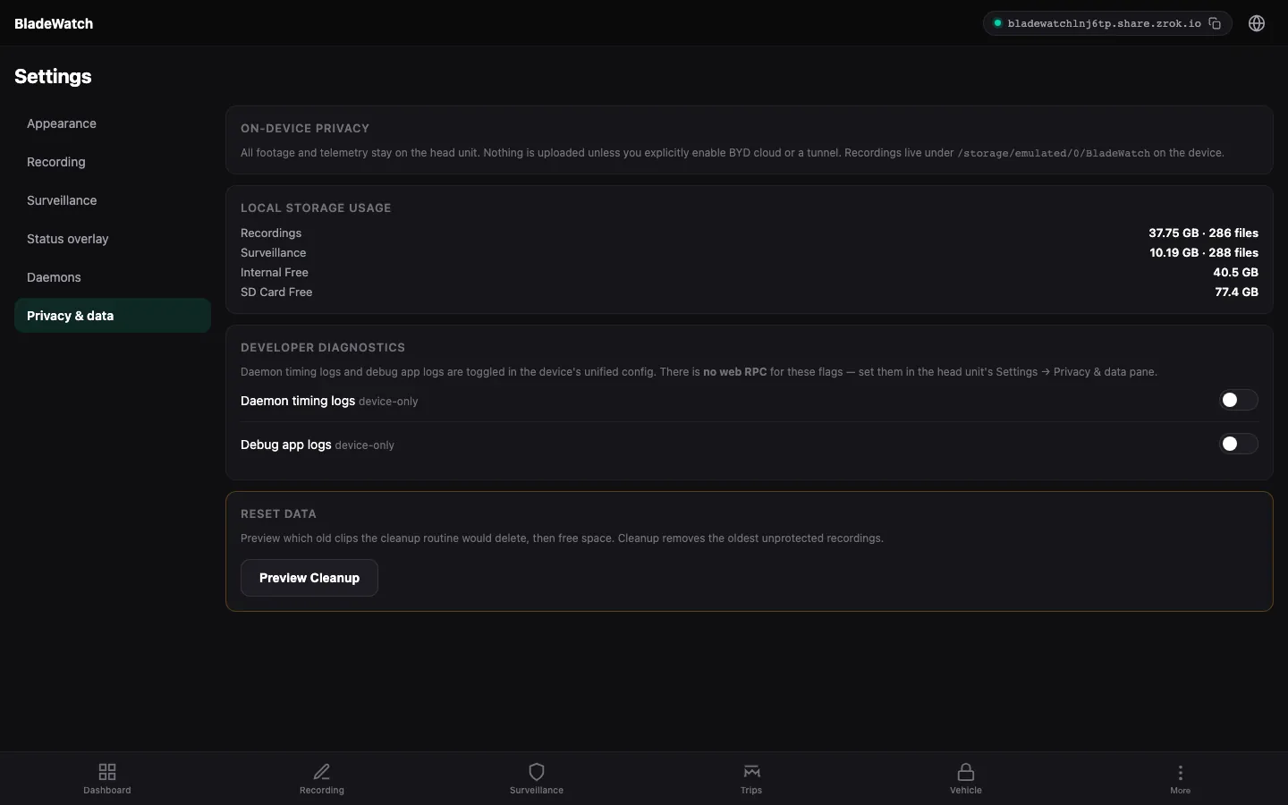 BladeWatch privacy and data settings in the remote web app for a BYD car