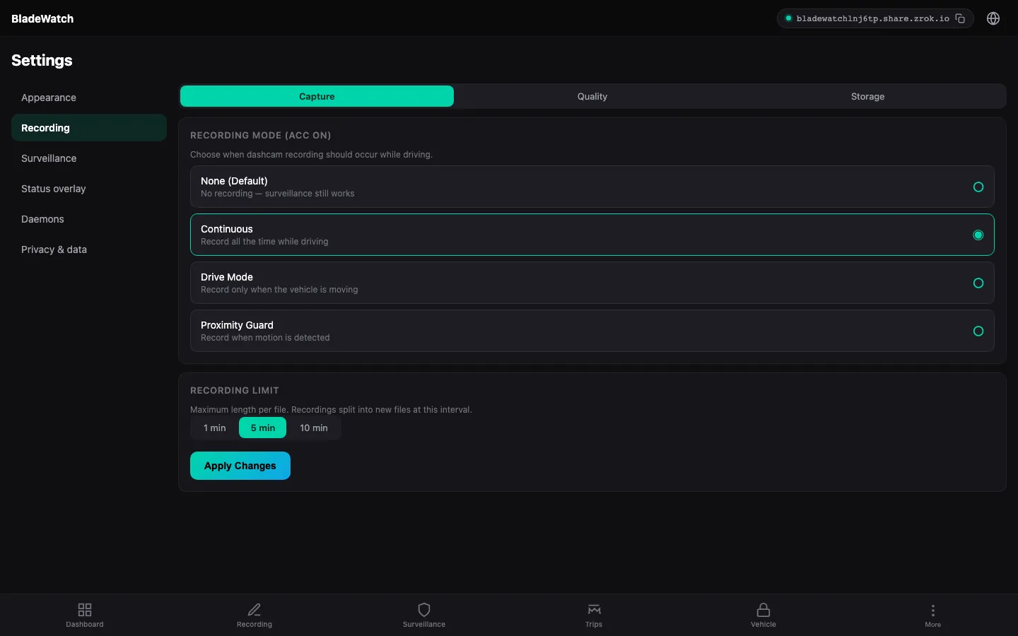 BladeWatch recording settings in the remote web app for a BYD car