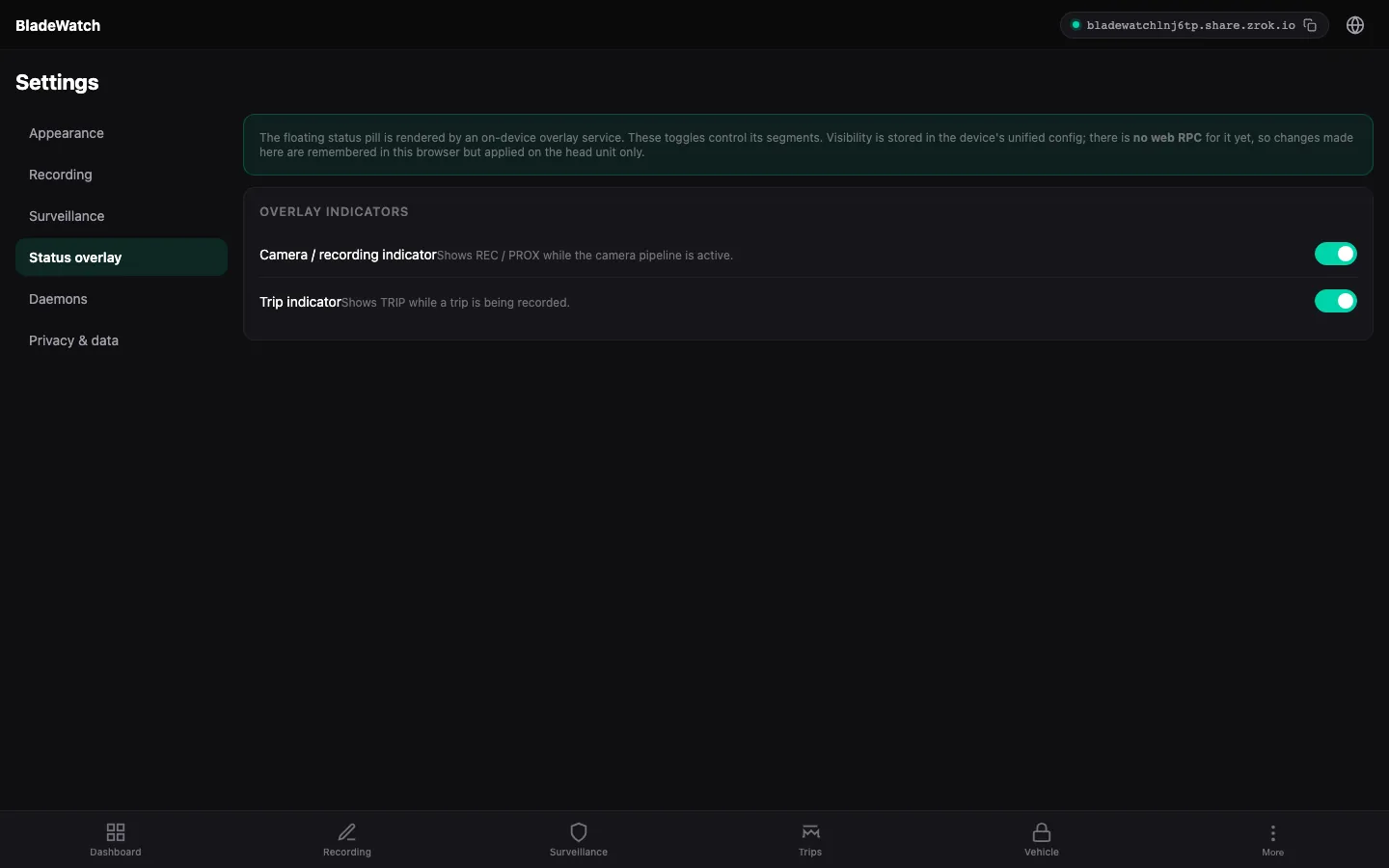BladeWatch status overlay settings in the remote web app for a BYD car