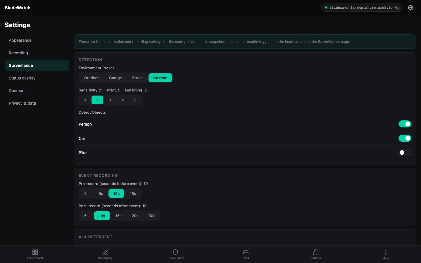 BladeWatch surveillance settings in the remote web app for a BYD car