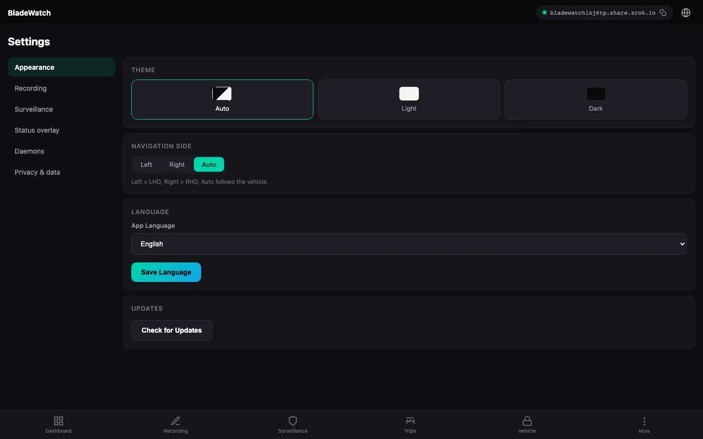 BladeWatch web app settings for a BYD car