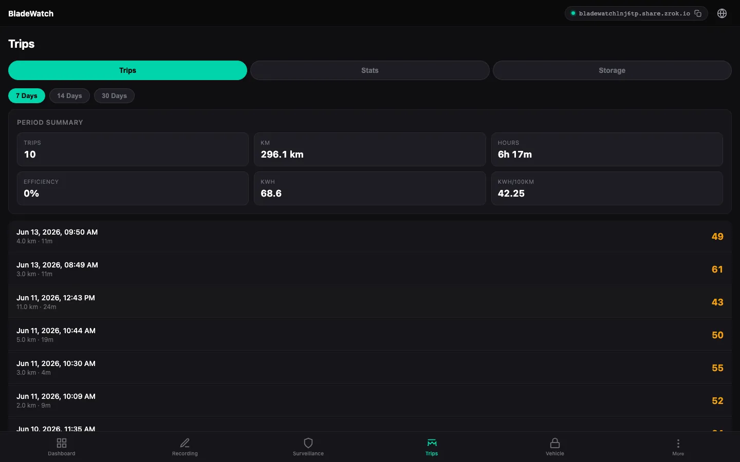 BladeWatch trip history in the remote web app for a BYD car