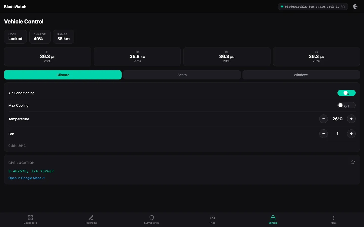 BladeWatch BYD vehicle dashboard in the remote web app