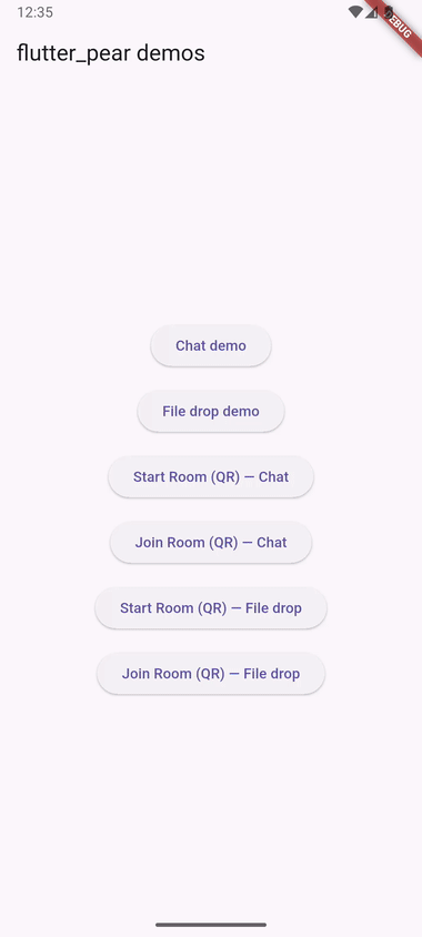 flutter_pear chat demo: an Android emulator joins a room, connects to a desktop peer, and exchanges messages both ways