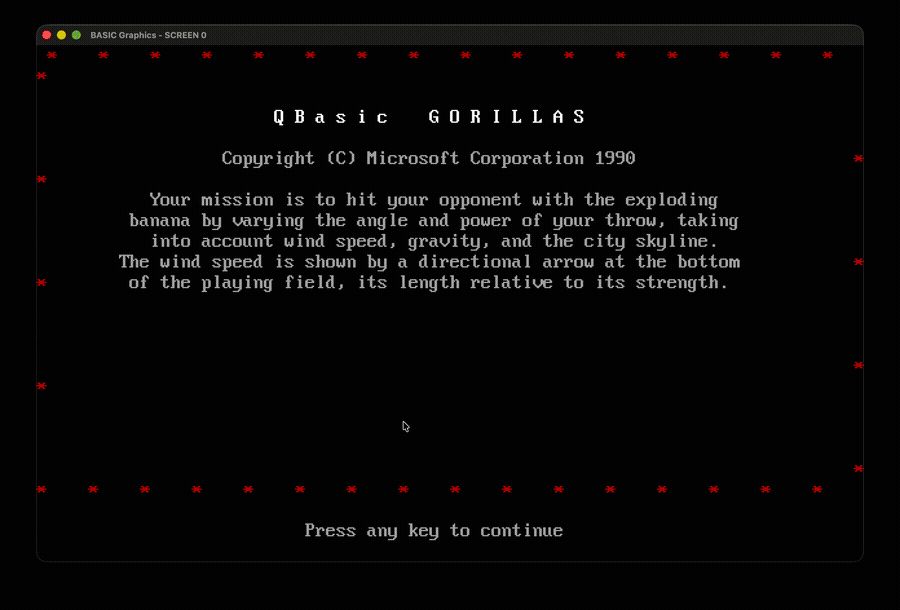 QBasic Gorillas game running as a native Go binary, compiled by go-basic